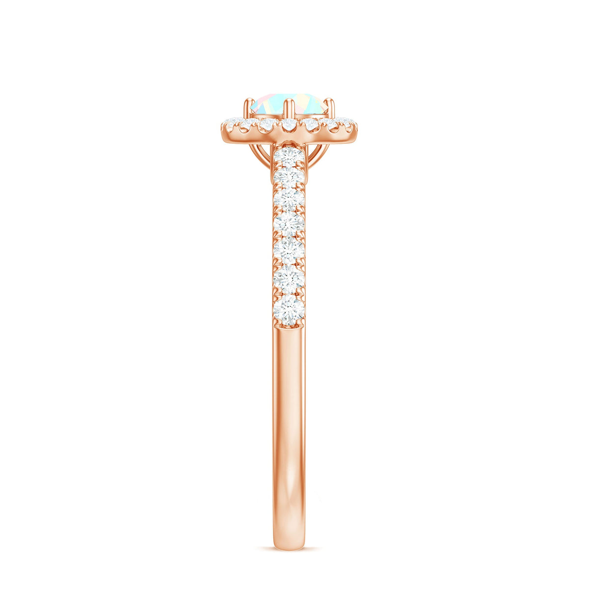 Natural Ethiopian opal diamond engagement ring with halo setting, featuring a rose gold band and intricate detailing by Rosec Jewels.