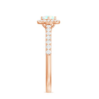 Natural Ethiopian opal diamond engagement ring with halo setting, featuring a rose gold band and intricate detailing by Rosec Jewels.