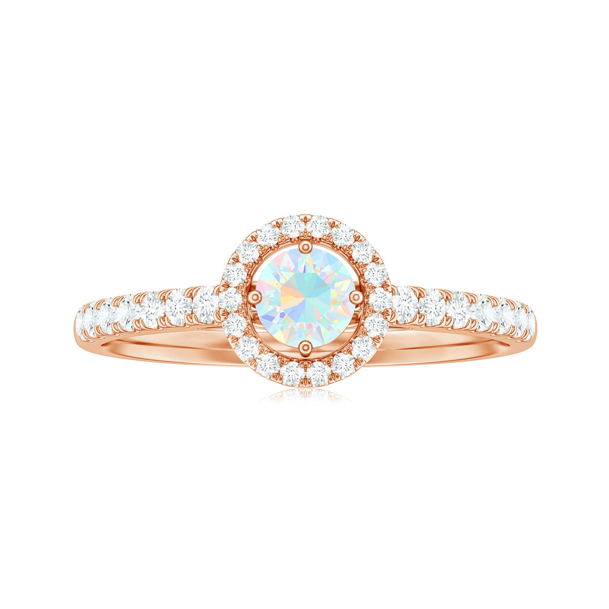 Natural Ethiopian opal diamond engagement ring with halo setting, featuring a central opal surrounded by sparkling diamonds, by Rosec Jewels.