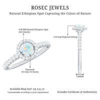 Natural Ethiopian Opal diamond engagement ring with halo setting, featuring intricate design and sparkling stones by Rosec Jewels.