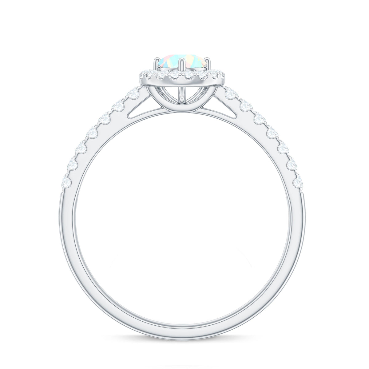 Natural Ethiopian opal diamond engagement ring with halo setting by Rosec Jewels, showcasing the sparkling center stone and elegant band.