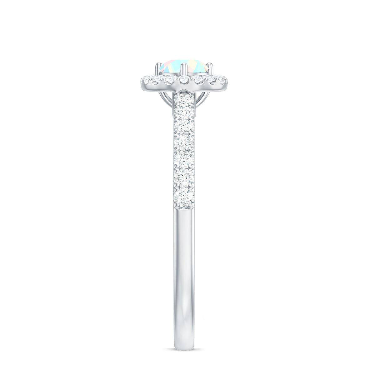 Natural Ethiopian opal diamond engagement ring with halo setting, featuring sparkling diamonds and intricate band design.