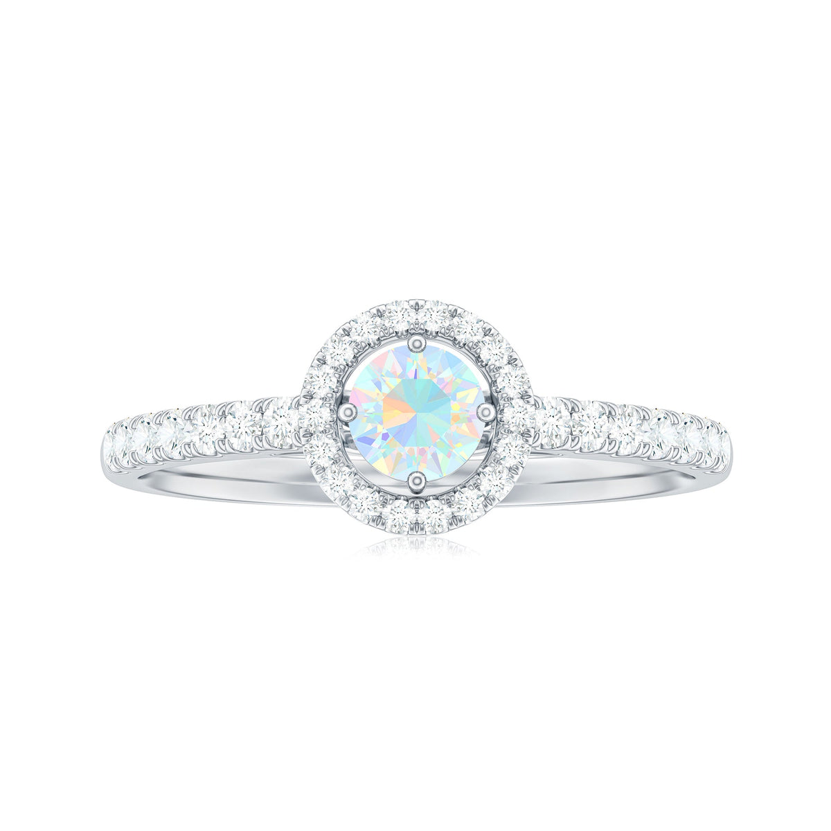 Natural Ethiopian opal diamond engagement ring with halo setting, featuring sparkling diamonds and a detailed band by Rosec Jewels.
