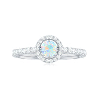 Natural Ethiopian opal diamond engagement ring with halo setting, featuring sparkling diamonds and a detailed band by Rosec Jewels.