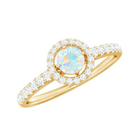 Natural Ethiopian opal diamond engagement ring with halo setting, featuring a rose gold band and intricate design by Rosec Jewels.