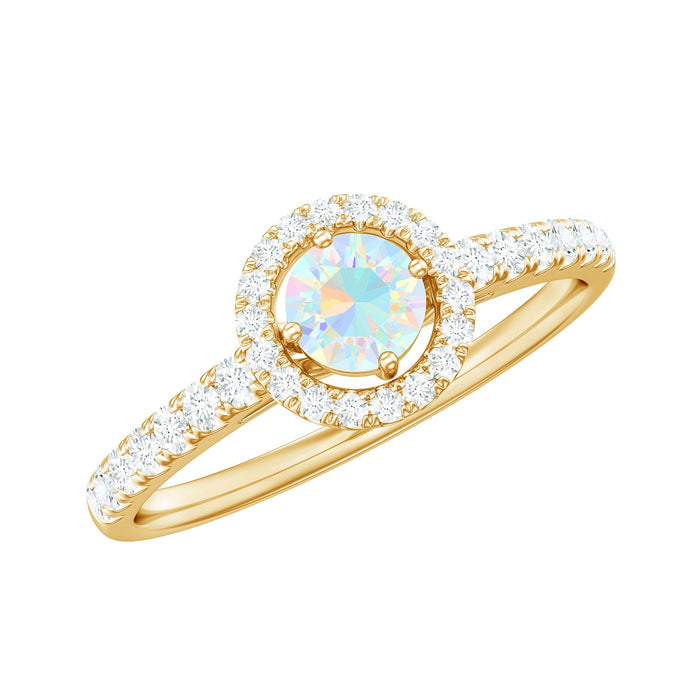 Natural Ethiopian opal diamond engagement ring with halo setting, featuring a rose gold band and intricate design by Rosec Jewels.