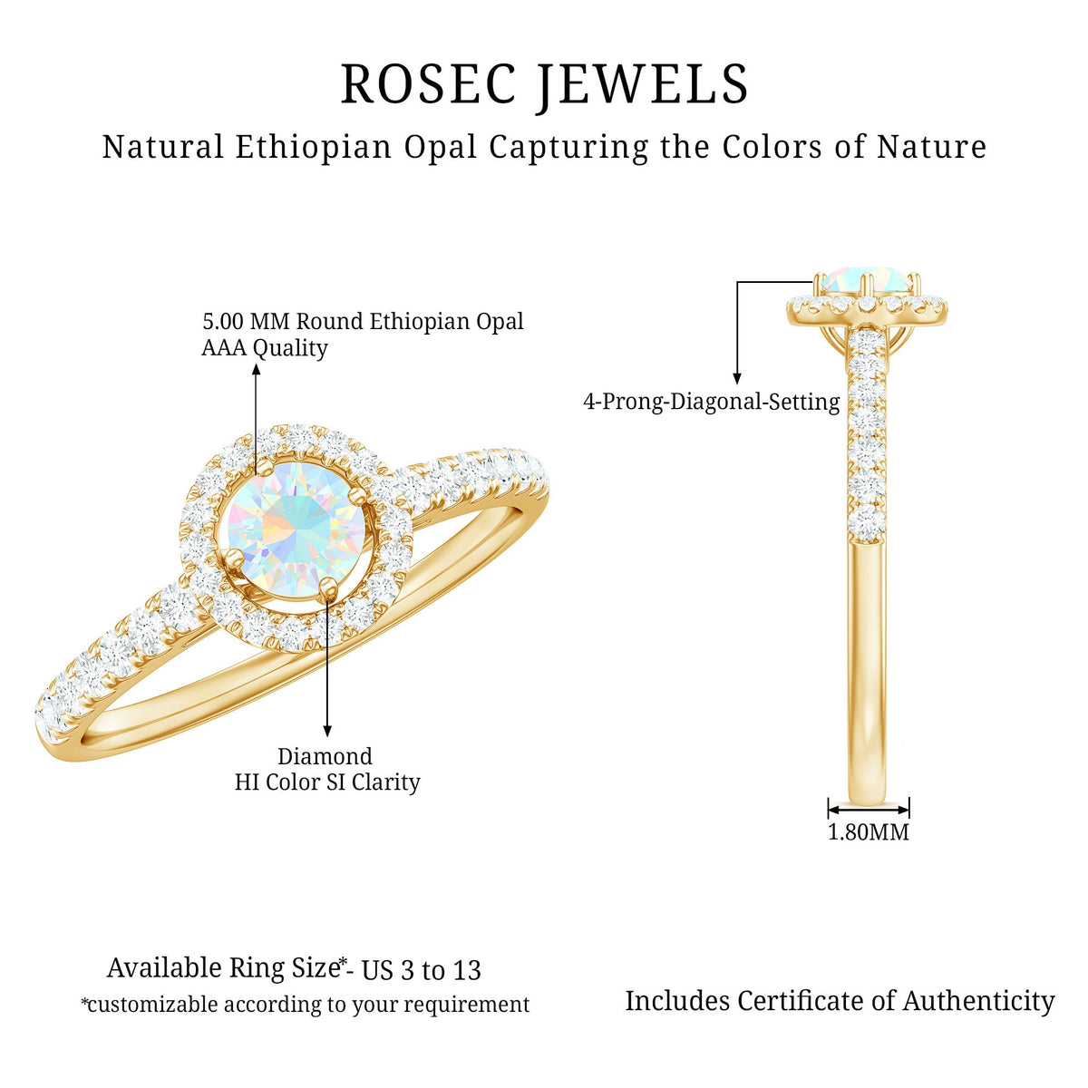 Natural Ethiopian opal diamond engagement ring with halo setting, featuring a Rosec Jewels rings design and intricate metal band.