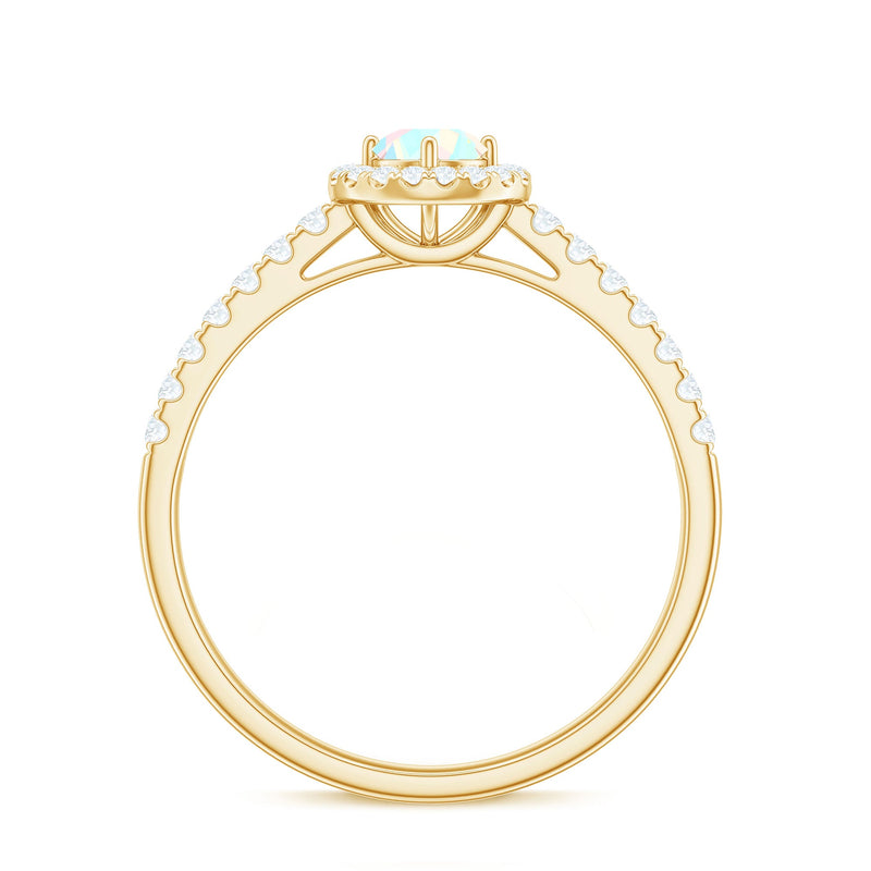 Natural Ethiopian opal diamond engagement ring with halo setting, showcasing a vibrant opal center stone and sparkling diamonds.