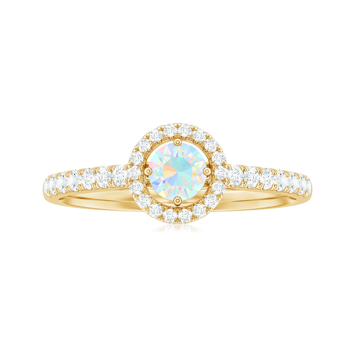 Natural Ethiopian opal diamond engagement ring with halo setting, featuring a central opal gemstone and sparkling diamonds from Rosec Jewels.