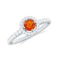 0.75 carat fire opal and diamond halo engagement ring by Rosec Jewels, featuring a vibrant fire opal center with sparkling diamonds.