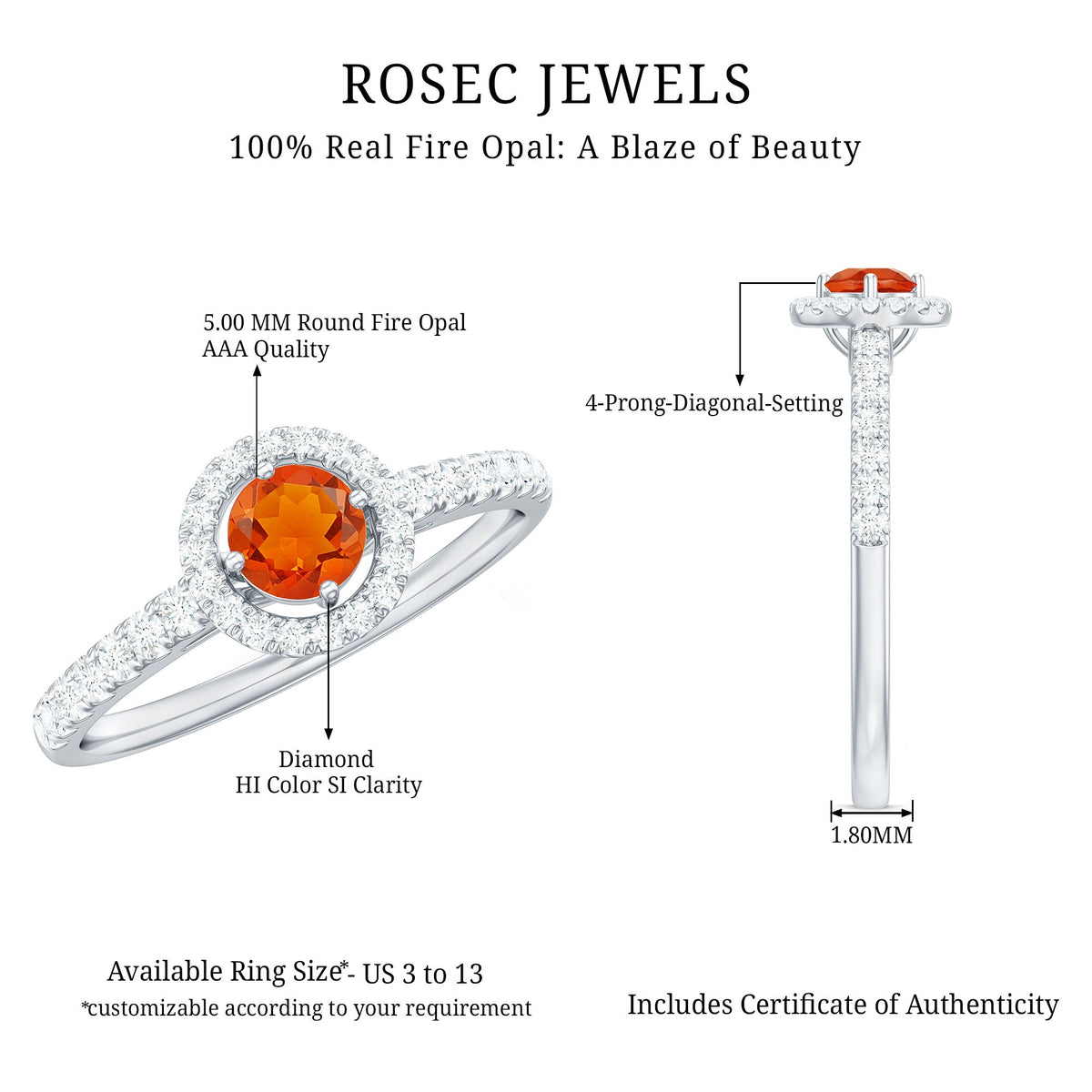 0.75 carat fire opal and diamond halo engagement ring by Rosec Jewels, featuring a vibrant fire opal centerpiece with sparkling diamond accents