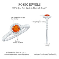 0.75 carat fire opal and diamond halo engagement ring by Rosec Jewels, featuring a vibrant fire opal centerpiece with sparkling diamond accents
