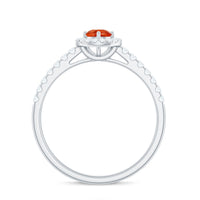 Fire opal and diamond halo engagement ring with 0.75 carats from Rosec Jewels, showcasing a sparkling central gemstone and intricate band.
