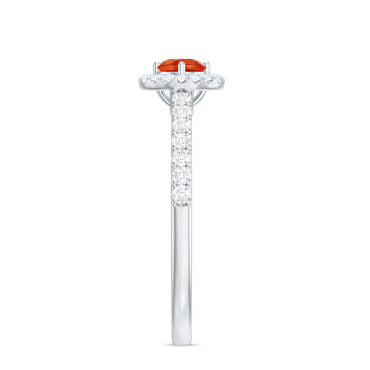 Rosec Jewels 0.75 CT fire opal and diamond halo engagement ring showcasing a vibrant fire opal center stone surrounded by sparkling diamonds.