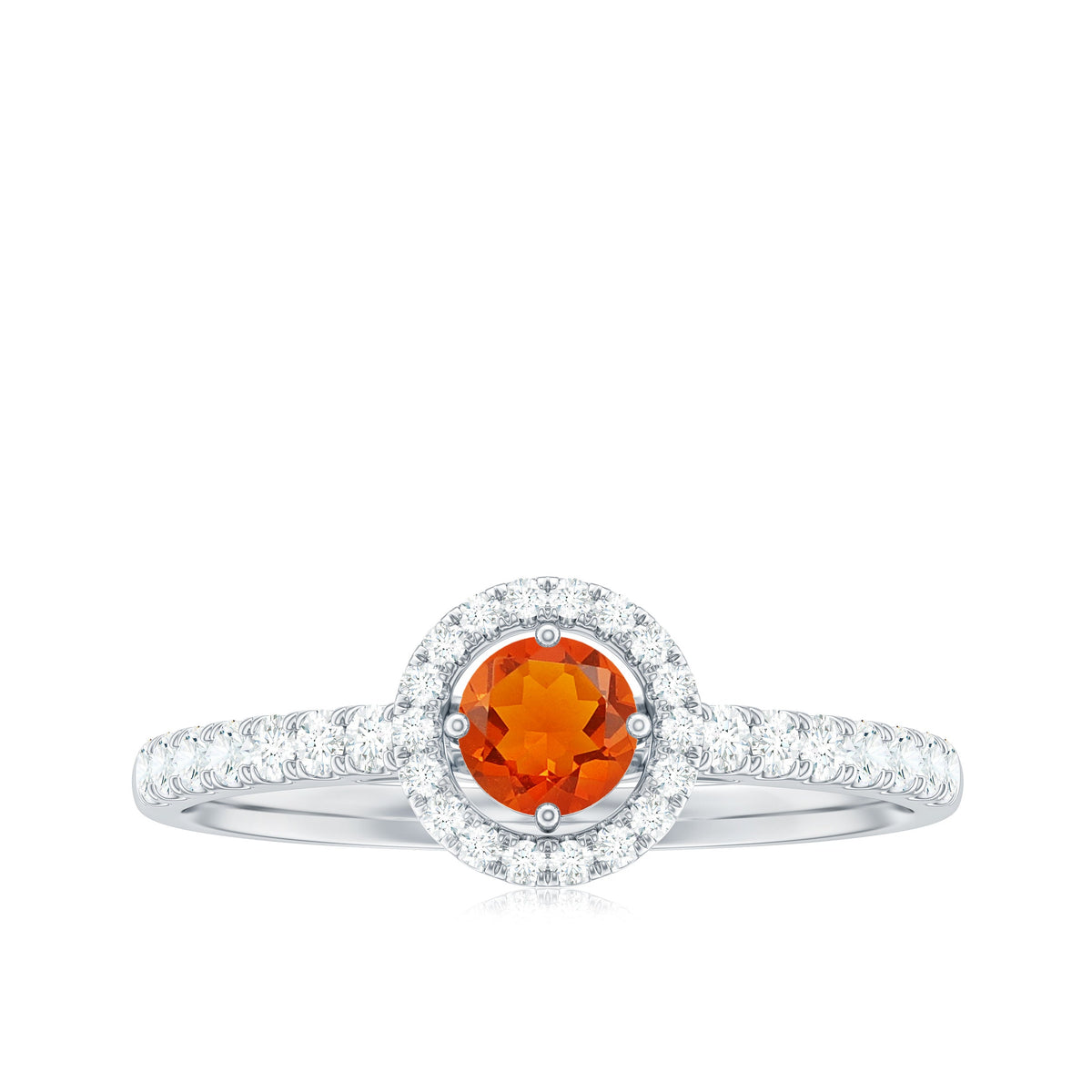 0.75 carat fire opal and diamond halo engagement ring by Rosec Jewels featuring a vibrant fire opal center and sparkling diamond accents.