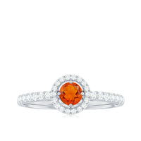 0.75 carat fire opal and diamond halo engagement ring by Rosec Jewels featuring a vibrant fire opal center and sparkling diamond accents.