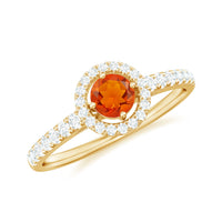 0.75 CT fire opal and diamond halo engagement ring by Rosec Jewels, showcasing a vibrant fire opal center stone with sparkling diamond accents.