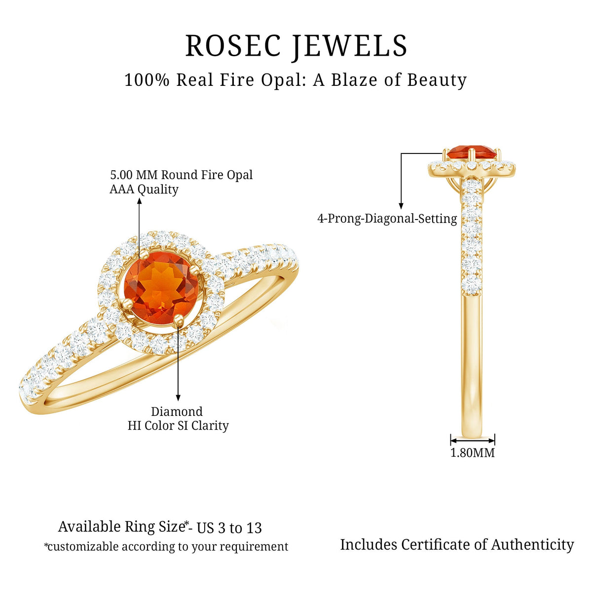Rosec Jewels 0.75 CT fire opal and diamond halo engagement ring with a gold band, featuring vibrant orange fire opal centerpiece.