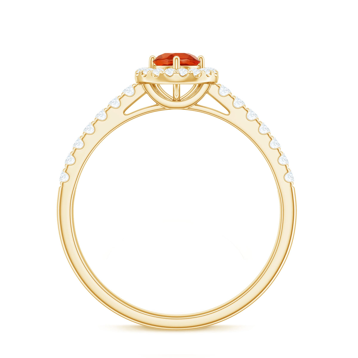 0.75 CT fire opal and diamond halo engagement ring from Rosec Jewels with a silver band and intricate setting.