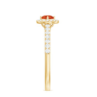 0.75 CT fire opal and diamond halo engagement ring by Rosec Jewels, showcasing vibrant orange opal center with sparkling diamond accents.