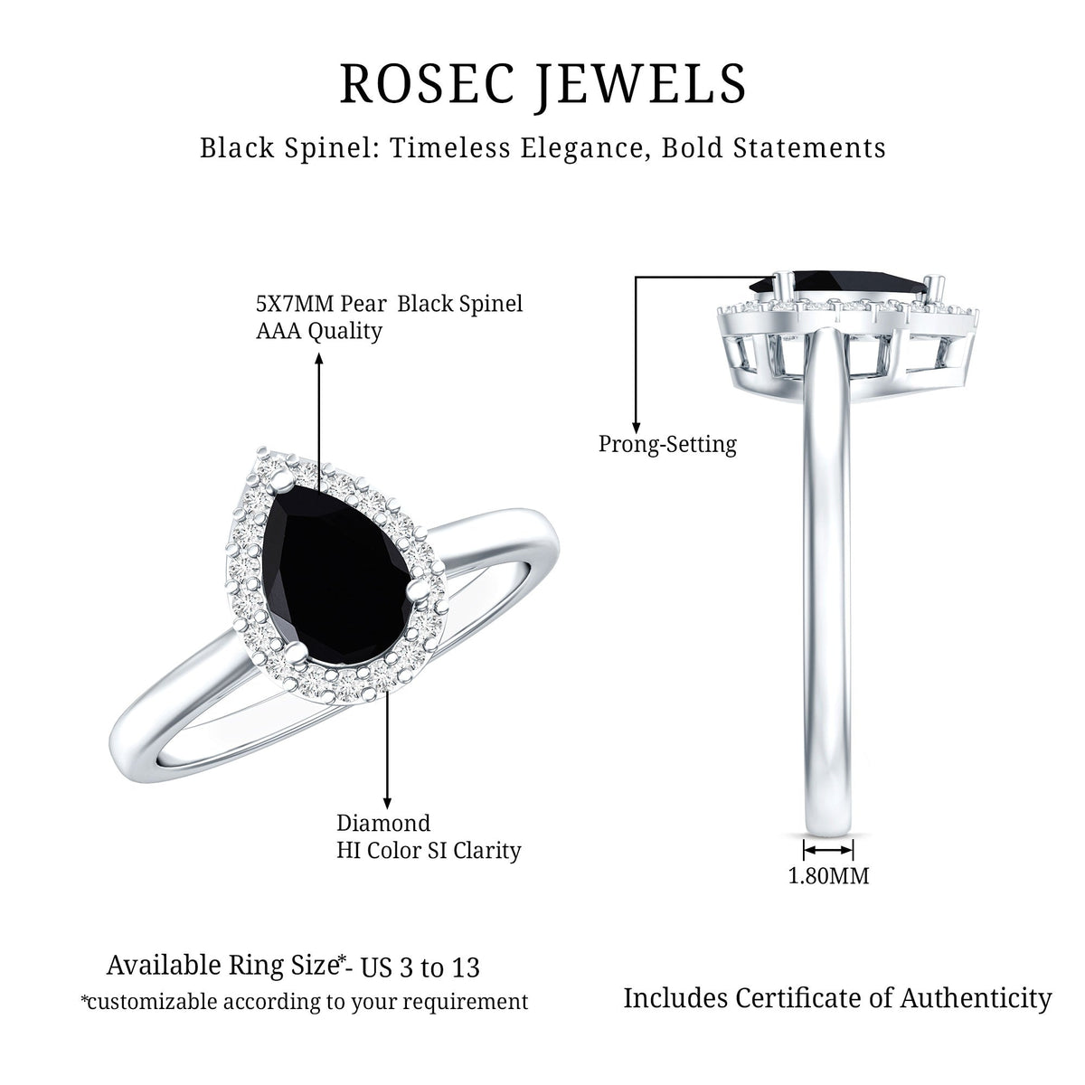 Certified Real Black Spinel Teardrop Engagement Ring with Diamond Halo