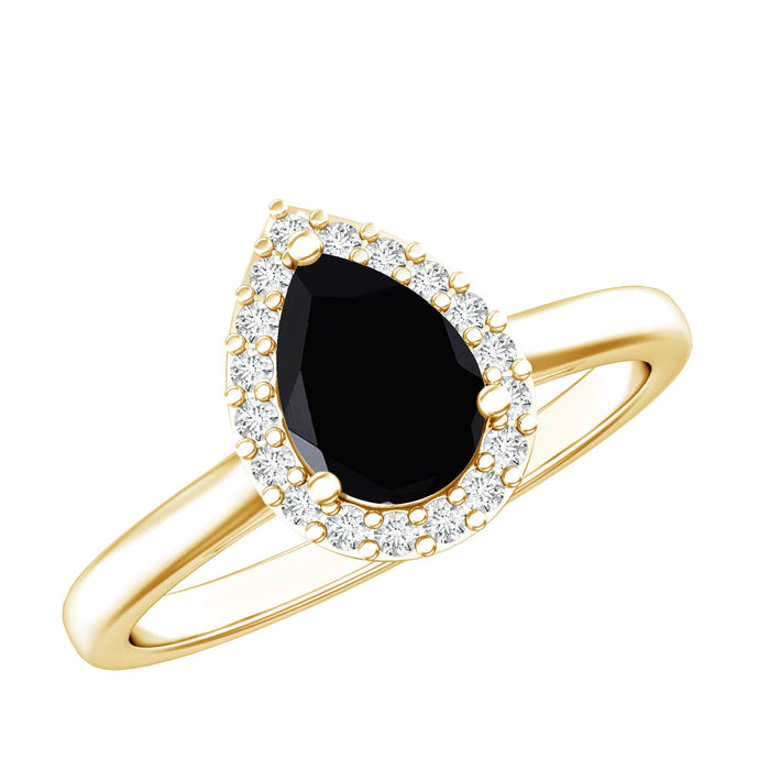 Certified black spinel teardrop engagement ring with diamond halo from Rosec Jewels, featuring a detailed silver band.