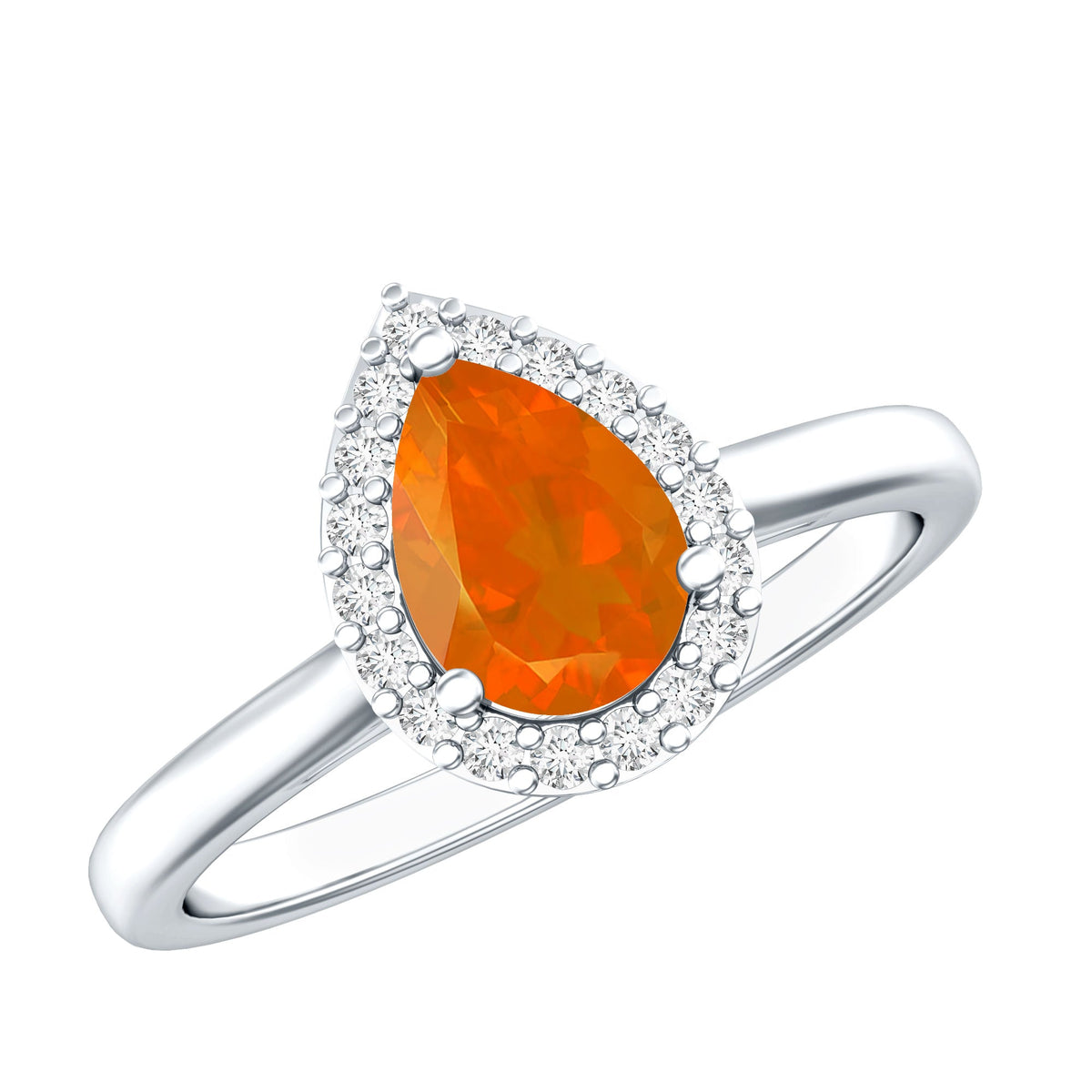 Teardrop fire opal ring with diamond accent, featuring Rosec Jewels' elegant jewelry design, showcasing the colorful gemstone and sparkling details.