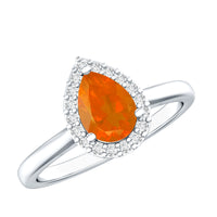 Teardrop fire opal ring with diamond accent, featuring Rosec Jewels' elegant jewelry design, showcasing the colorful gemstone and sparkling details.