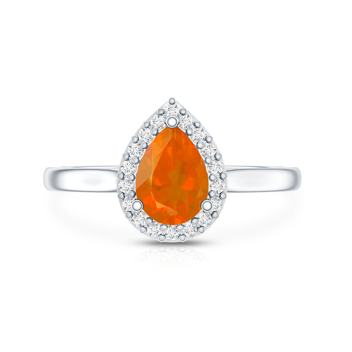 Teardrop fire opal ring with diamond accents, Rosec Jewels, showcasing the elegant gemstone and fine jewelry craftsmanship.