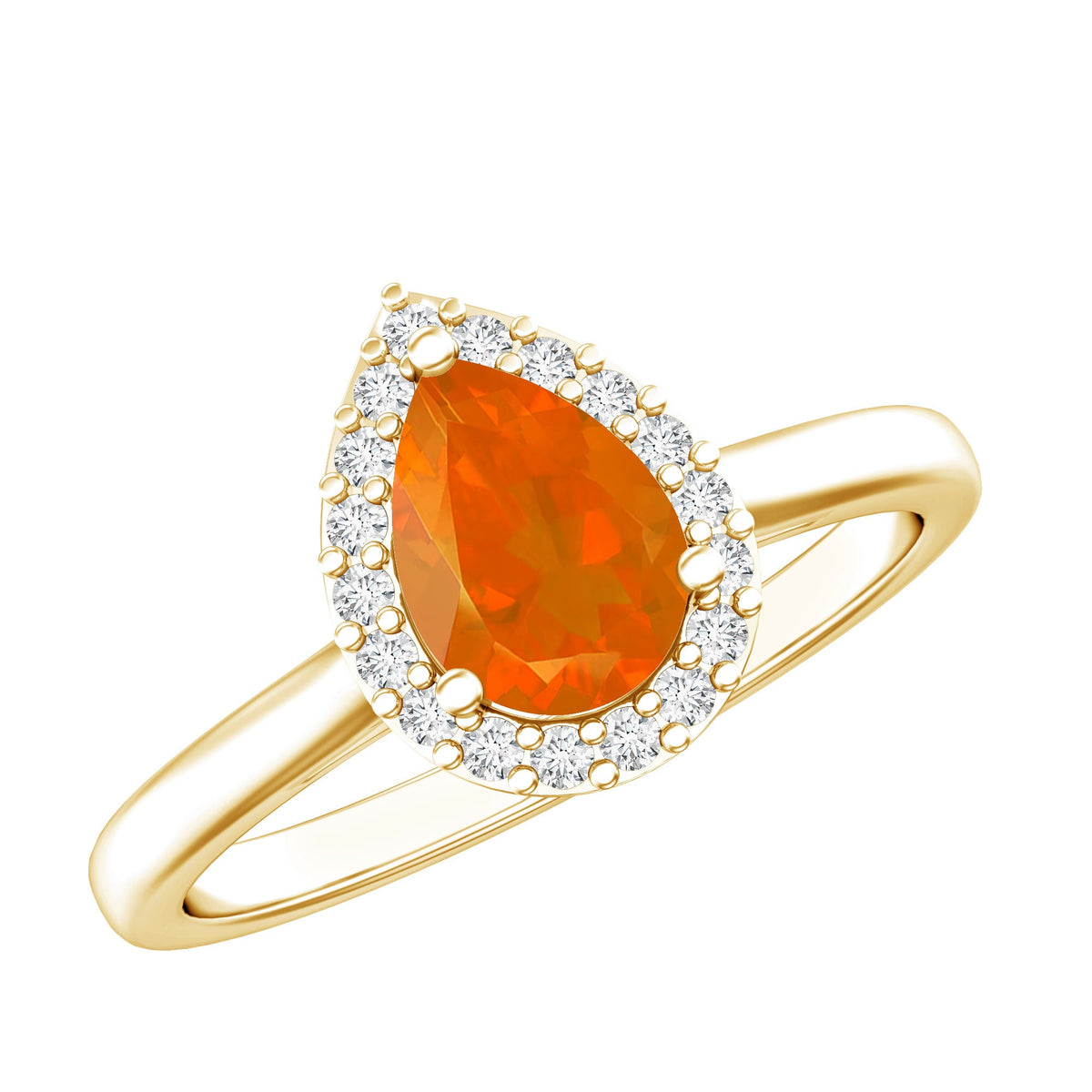 Teardrop fire opal ring with diamond accent from Rosec Jewels, showcasing the elegant gemstone and sparkling details.