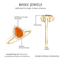 Teardrop fire opal ring with diamond accent from Rosec Jewels, showcasing the elegant gemstone and intricate band design.