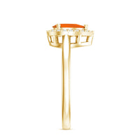 Teardrop fire opal ring with diamond accents from Rosec Jewels, showcasing a silver band and vibrant gemstone centerpiece.