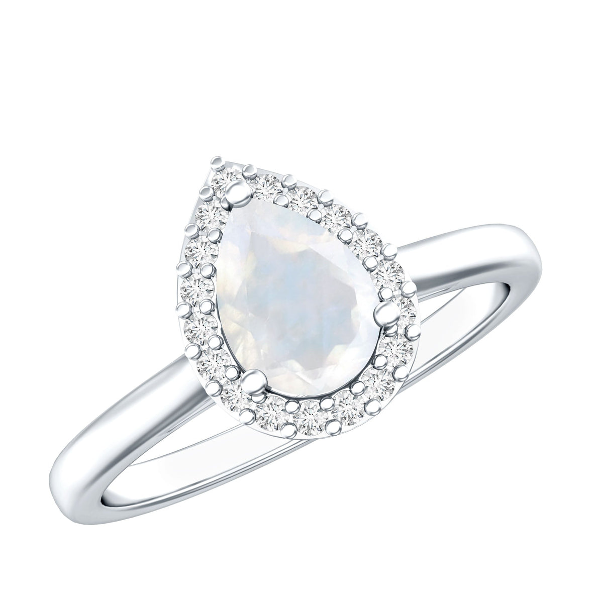 Pear-shaped moonstone halo engagement ring with diamond accents, featuring Rosec Jewels' elegant ring design.