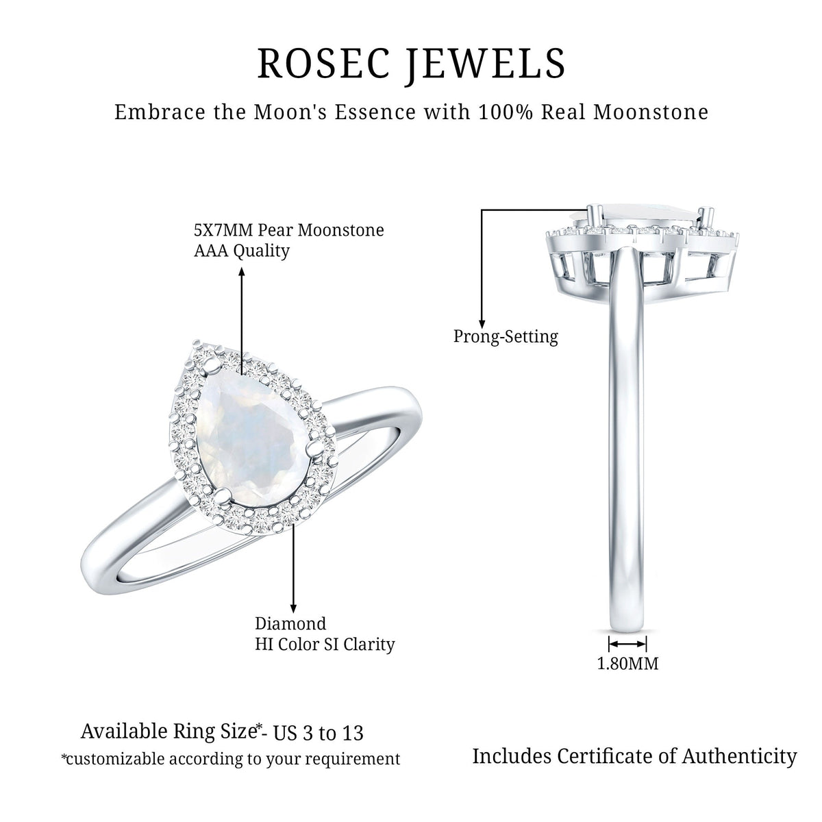 Pear-shaped moonstone halo engagement ring with diamond accents from Rosec Jewels, showcasing a delicate and elegant design.