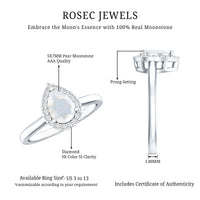 Pear-shaped moonstone halo engagement ring with diamond accents from Rosec Jewels, showcasing a delicate and elegant design.