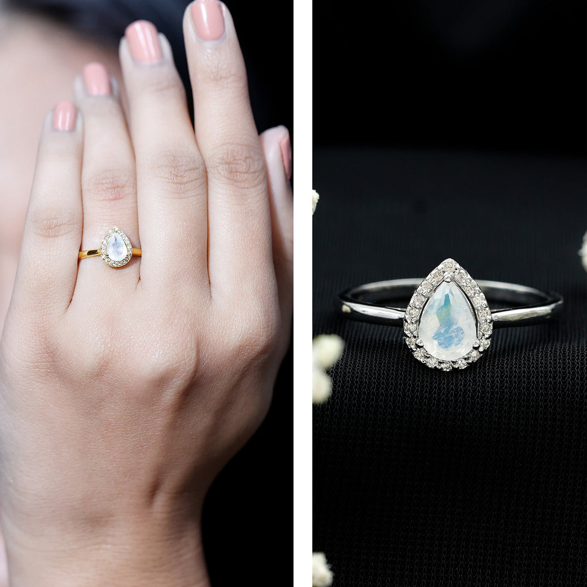 Pear-shaped moonstone halo engagement ring with diamond accents, featuring a rose gold band and intricate detailing from Rosec Jewels.