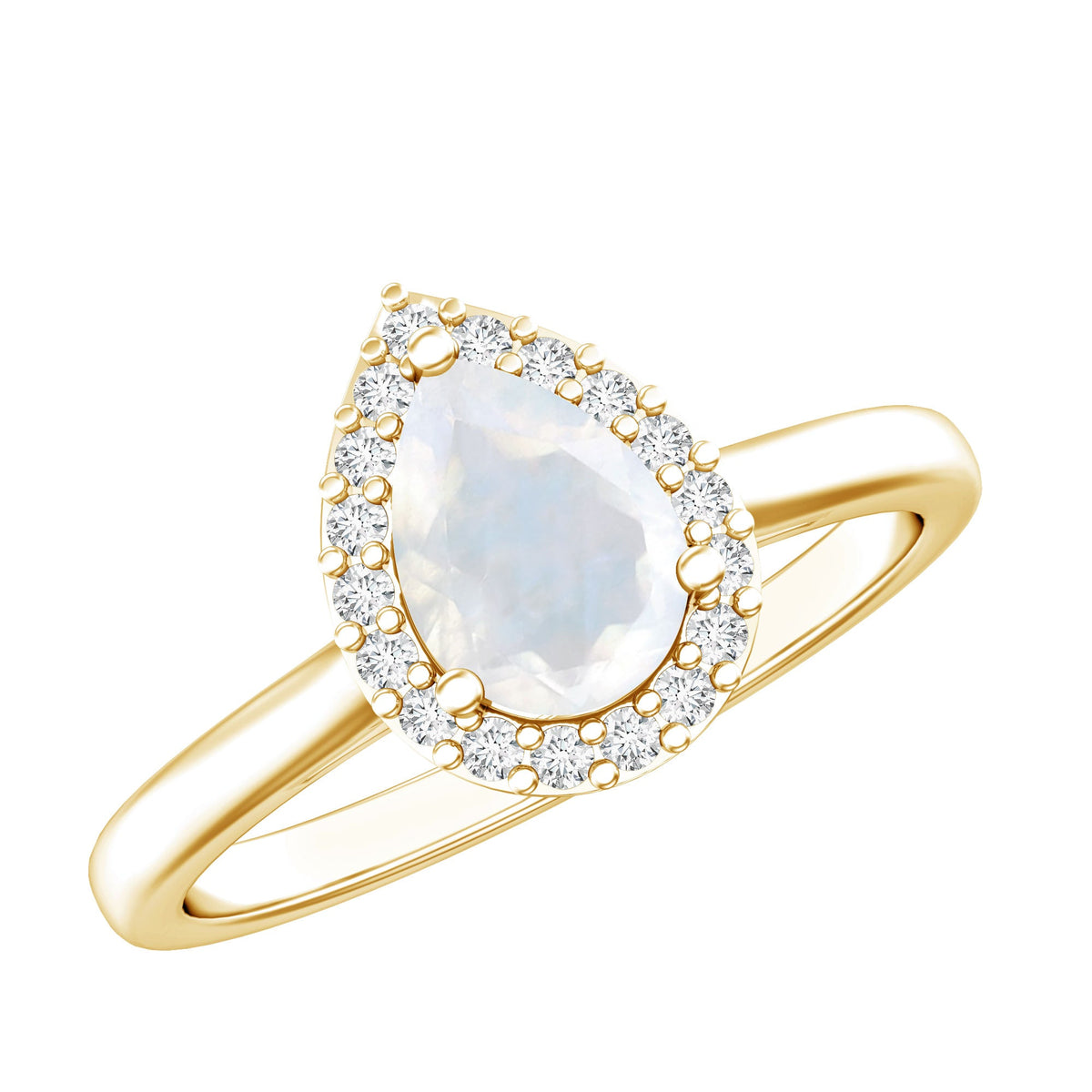 Pear-shaped moonstone halo engagement ring with diamond accents by Rosec Jewels, showcasing intricate design and sparkling gemstones.