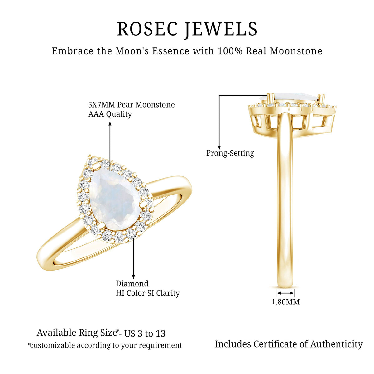 Pear-shaped moonstone halo engagement ring with diamond accents, Rosec Jewels rings featuring elegant gemstone and intricate design.