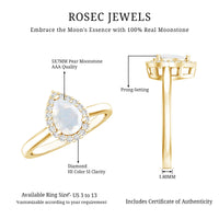 Pear-shaped moonstone halo engagement ring with diamond accents, Rosec Jewels rings featuring elegant gemstone and intricate design.