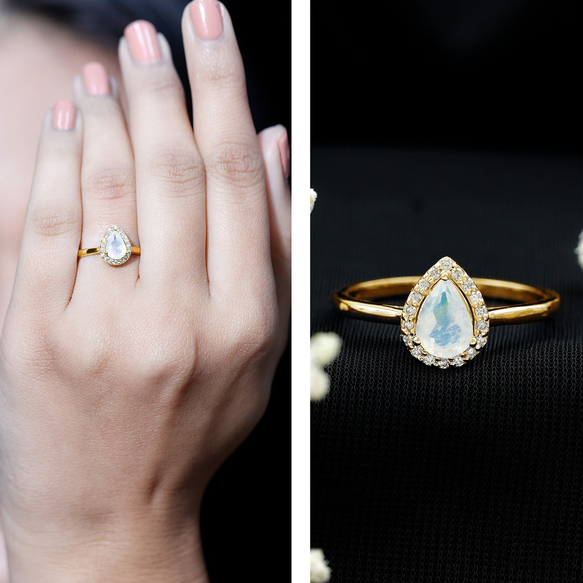Pear-shaped moonstone halo engagement ring with diamond accents, featuring Rosec Jewels branding and intricate band details.