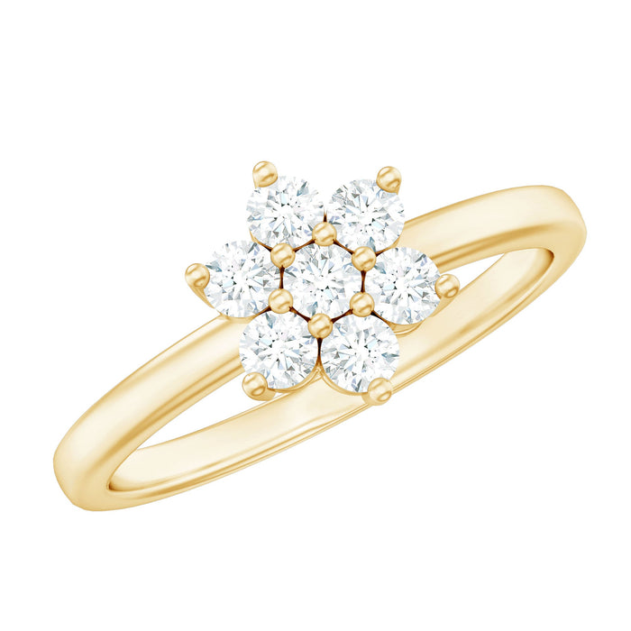 Brilliant cut moissanite flower engagement ring from Rosec Jewels, showcasing a sparkling floral design and intricate band detail.