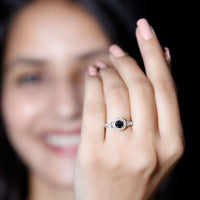 Vintage Inspired 0.8 Carat Lab Grown Black and White Diamond Engagement Ring with Halo