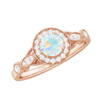 Elegant antique-style engagement ring featuring genuine Ethiopian opal and diamond halo by Rosec Jewels.
