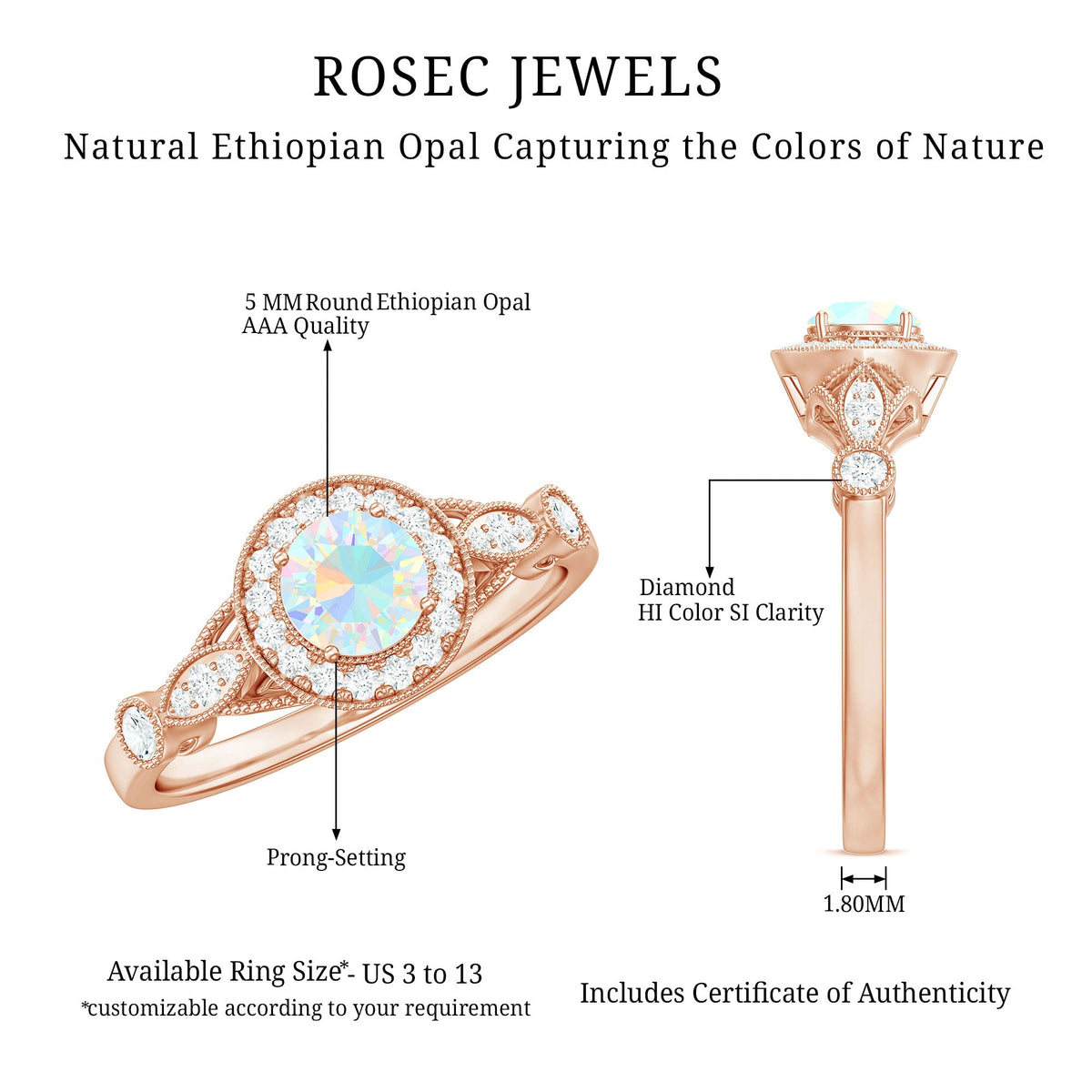 Antique-style Ethiopian opal engagement ring with diamond halo, featuring a vintage-inspired design by Rosec Jewels.