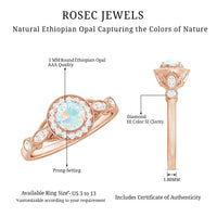 Antique-style Ethiopian opal engagement ring with diamond halo, featuring a vintage-inspired design by Rosec Jewels.
