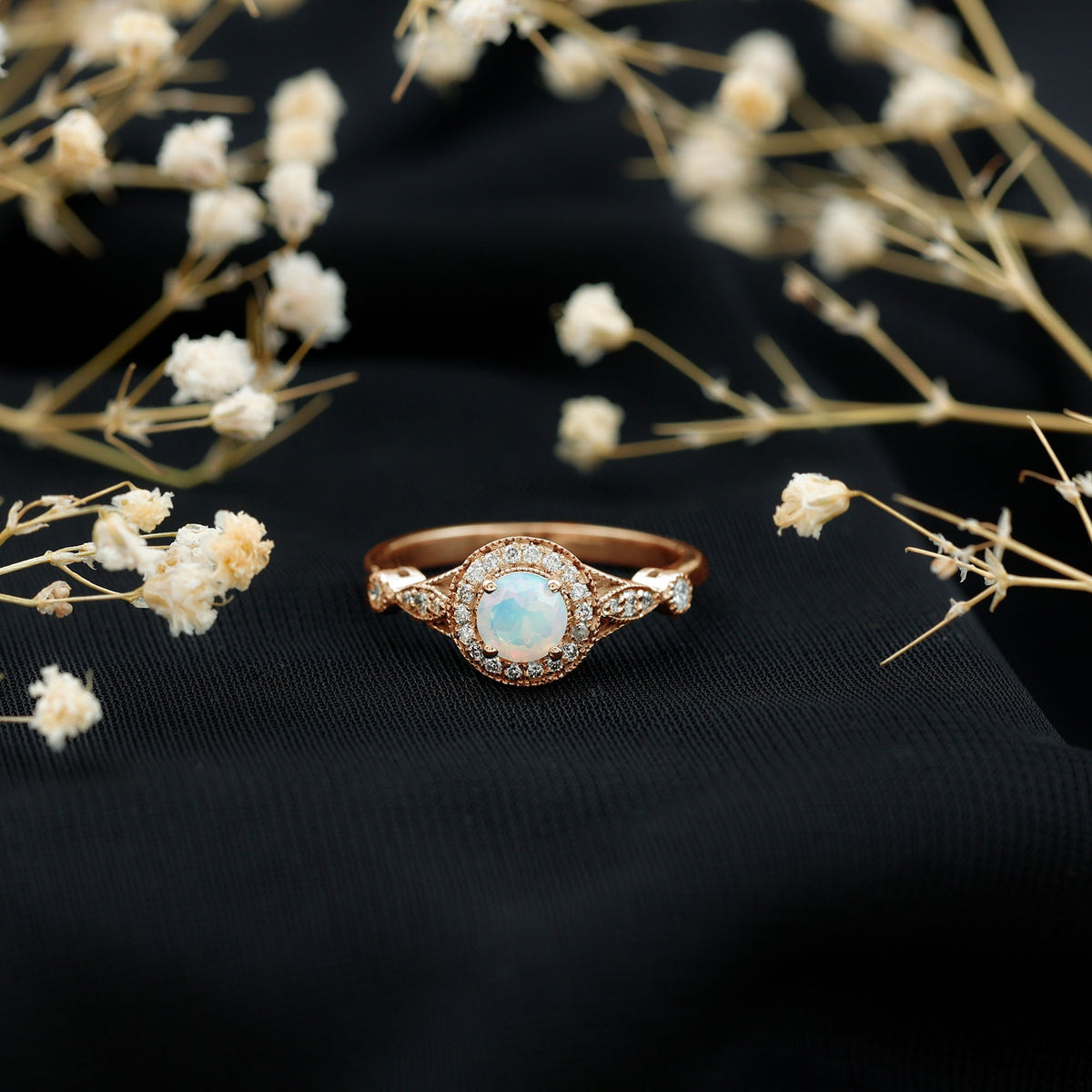 Genuine Ethiopian opal engagement ring with diamond halo, antique style, Rosec Jewels rings displayed on a white background.