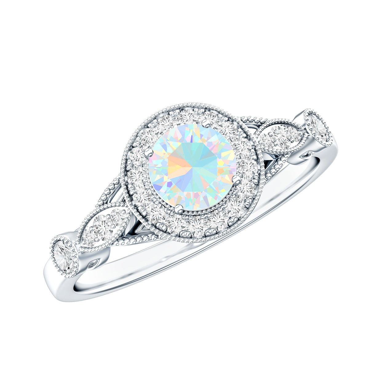 Genuine Ethiopian Opal antique-style engagement ring with diamond halo, featuring intricate metalwork and sparkling stones.