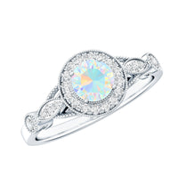 Genuine Ethiopian Opal antique-style engagement ring with diamond halo, featuring intricate metalwork and sparkling stones.