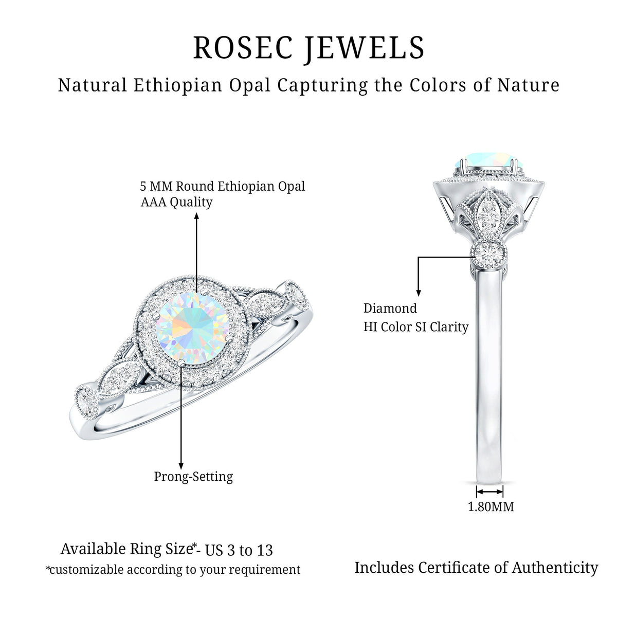 Genuine Ethiopian opal engagement ring with diamond halo, antique style, featuring a rose gold band and intricate detailing.