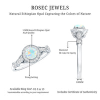 Genuine Ethiopian opal engagement ring with diamond halo, antique style, featuring a rose gold band and intricate detailing.